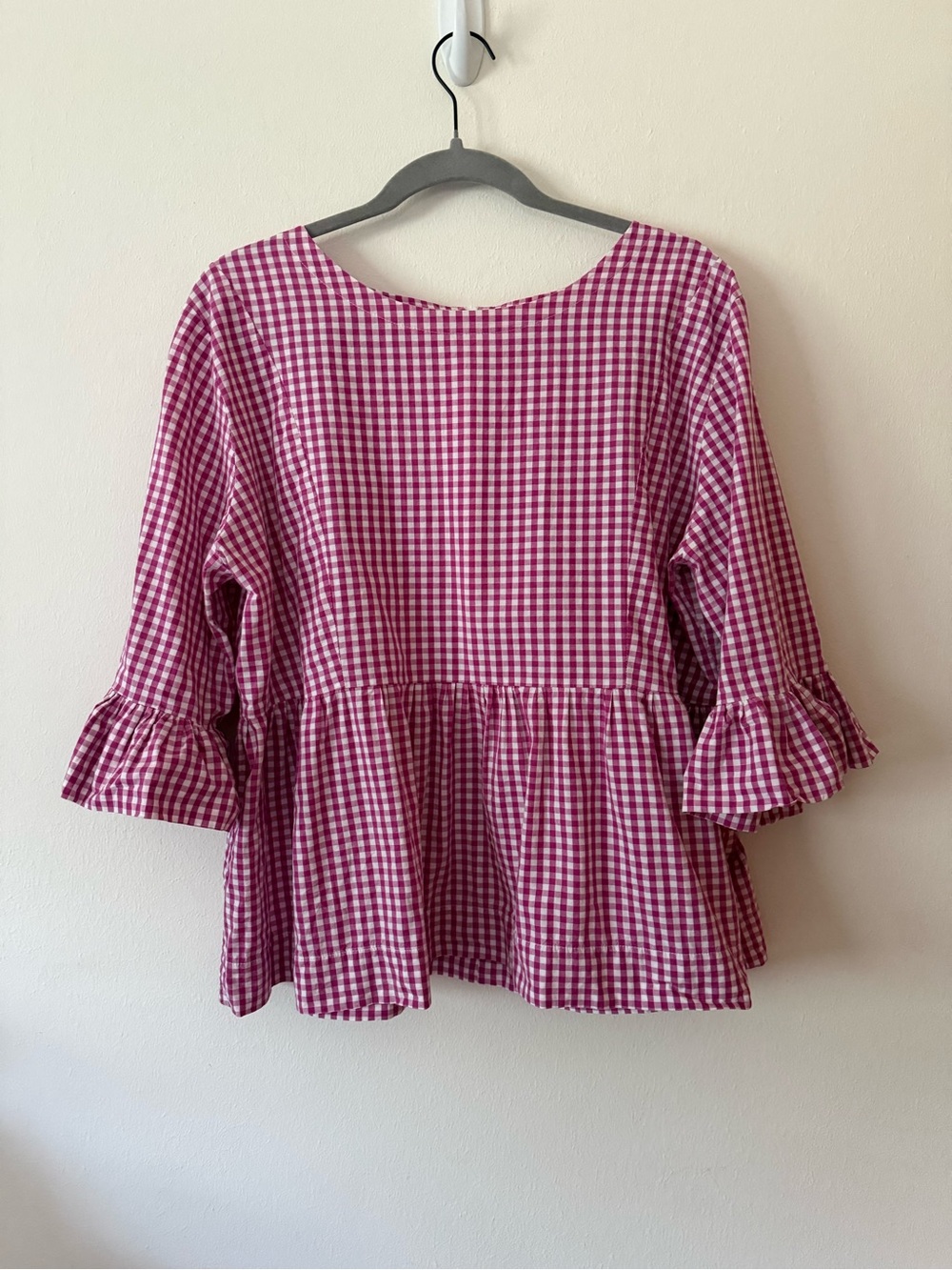 Collyn Raye Peplum Gingham Check Ruffled 3/4 Sleeve Scoop Neck Cotton Top